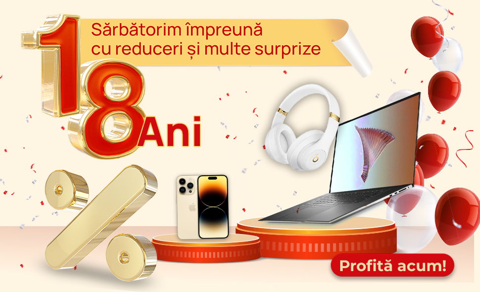 Cu ocazia campaniei aniversare "18 ani evoMAG!", clientii beneficiaza de super promotii la sute de produse prezente in pagina speciala si foarte multe surprize.

Inca din 2005, evoMAG este prezent pe piata din Romania, fiind azi unul dintre cele mai importante magazine de comert electronic avand in portofoliu peste 120.000 de produse din categoriile: telefoane mobile, laptop-uri, retelistca, electrocasnice, ingrijire personala, auto, bricolaj si nu numai.