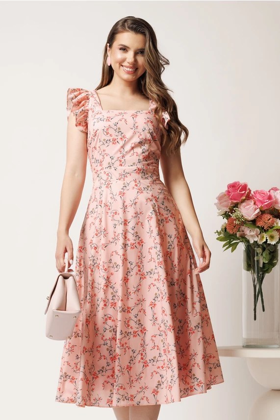 Rochie office roz DY Fashion – Midi vaporoasă, florală, perfectă pentru birou sau&nbsp;evenimente