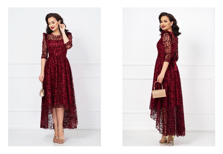 Rochie de ocazie bordo pentru soacre elegante – Francesca, model asimetric din catifea, mărimi mari și&nbsp;mici
